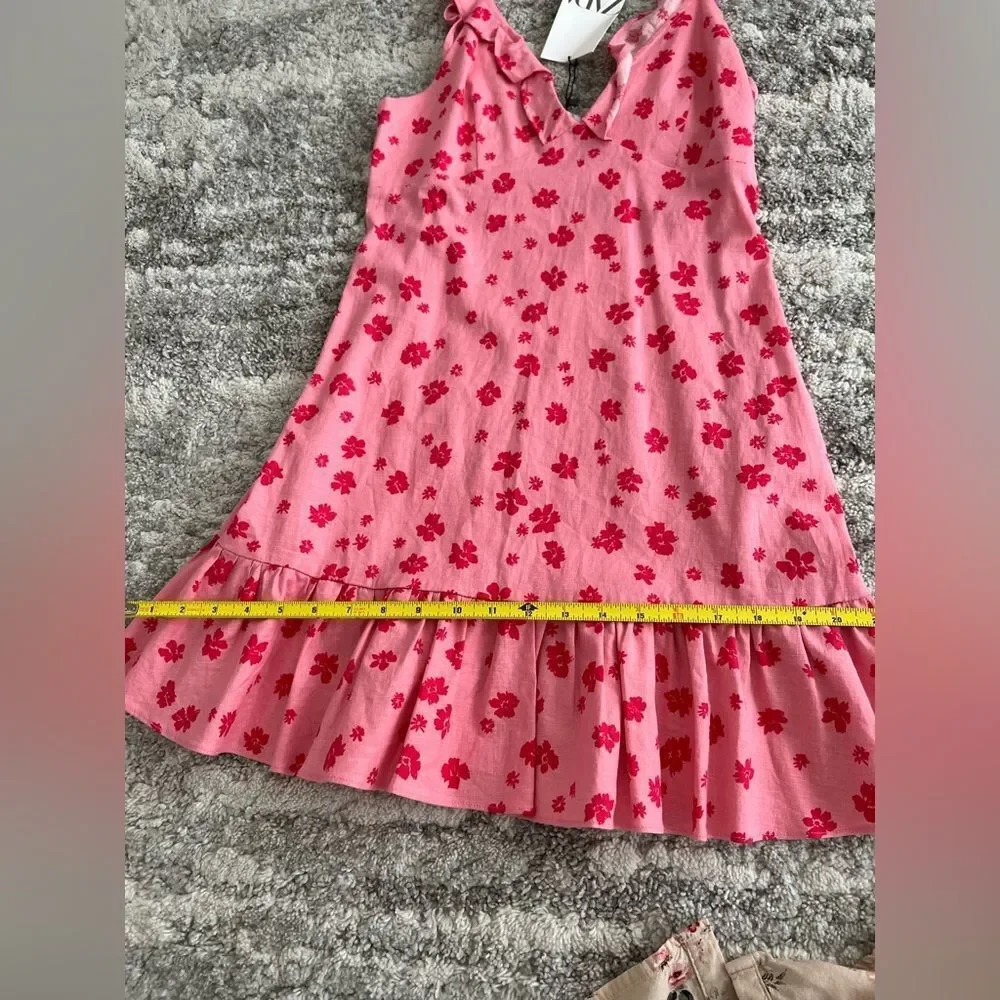 NWT Zara Floral Ruffle Linen V-Neck Mini Dress Pink/ Red Sz S